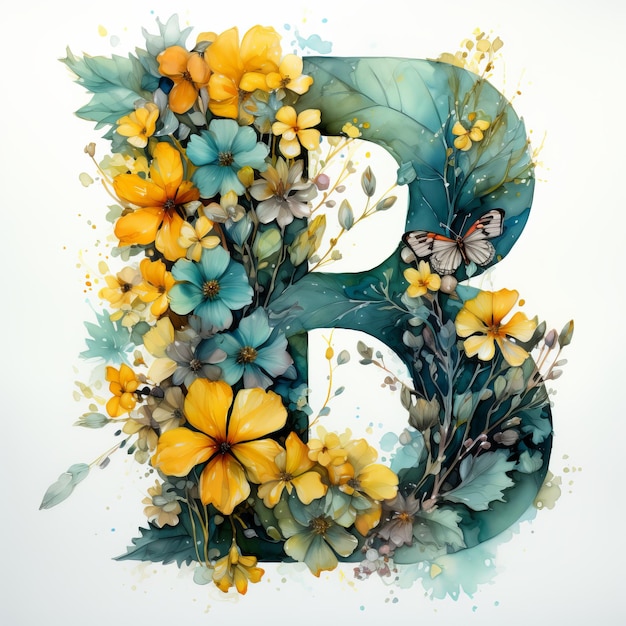 B letter flower watercolor style Generative AI