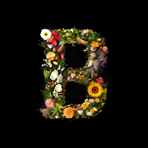 B letter gemaakt van bloemen en planten op zwarte achtergrond Bloem lettertype concept