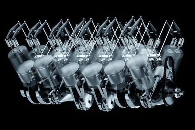 B12 verbrandingsmotor brandstof ontsteking motor werkingsprincipe Zuigers drijfstangen en krukas Kaarsen brandstofinlaat Reparatie auto 3D-rendering 3D illustratie