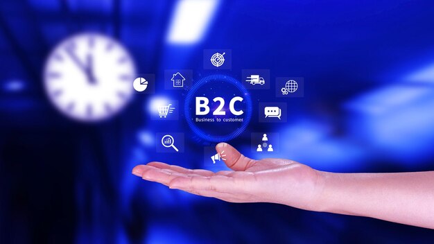 Foto b2c business to customer marketing strategy concept imprenditore in possesso di un'icona b2c virtuale per la strategia aziendale comunicazione feedback marketing online strategia di marketing e-commerce