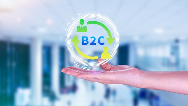 B2C Business-to-customer marketingstrategie concept zakenman met een virtueel B2C-icoon voor bedrijfsstrategie communicatie feedback online marketing e-commerce marketingstrategie