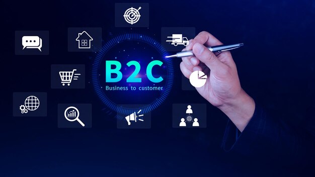 B2C Business-to-customer marketingstrategie concept zakenman met een virtueel B2C-icoon voor bedrijfsstrategie communicatie feedback online marketing e-commerce marketingstrategie