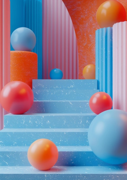 B3D rendering of blue and orange spheres on a blue podium with stairs