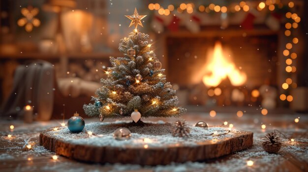 Photo ba beautifully decorated christmas tree sits in front of a cozy fireplace