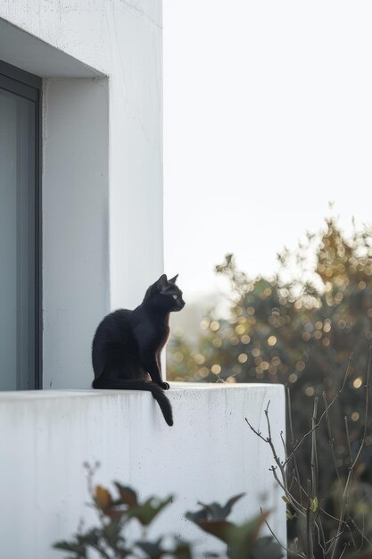 사진 ba black cat is sitting on a ledge in front of a window