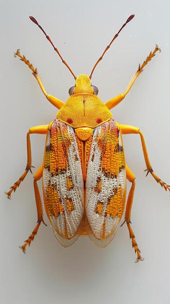 BA brightly colored beetle with a yellow head and spotted wings