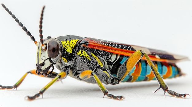 BA brightly colored grasshopper sits on a white surface