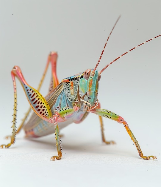 BA brightly colored grasshopper on a white background