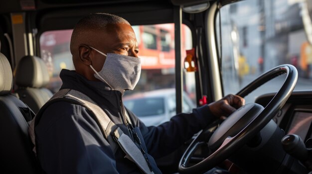 BA bus driver wearing a mask is driving a bus