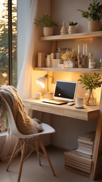 BA cozy home office with a large window wooden shelves and a comfortable desk