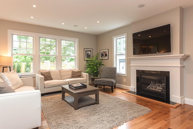 Photo ba cozy living room with a fireplace and a tv