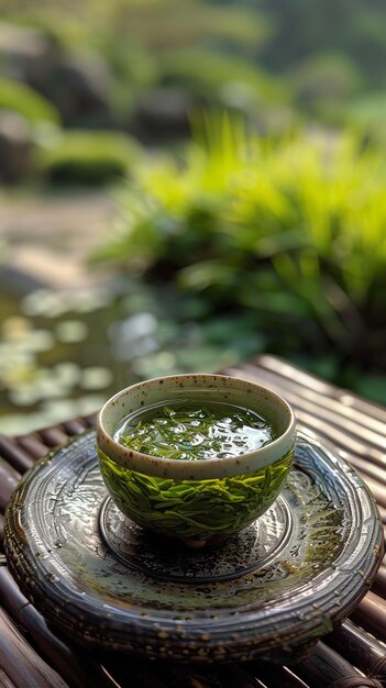 BA cup of green tea on a saucer with a green background