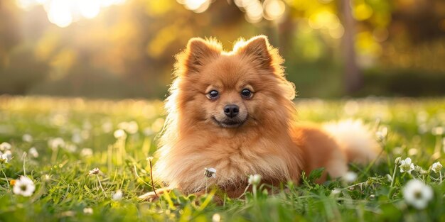 BA cute Pomeranian dog lying in a field of flowers