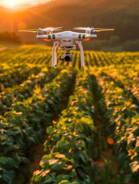 BA drone is flying over a field of green plants