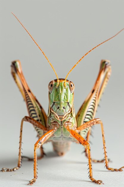 BA green and orange katydid on a white background