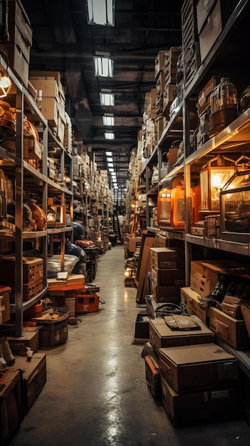 Photo ba long and narrow storeroom filled with shelves of various goods