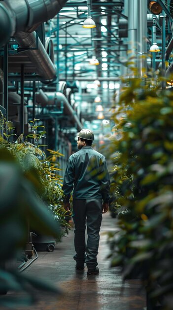 BA man in a hard hat walks through a greenhouse