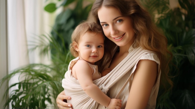 BA mother is smiling at her baby in a baby carrier