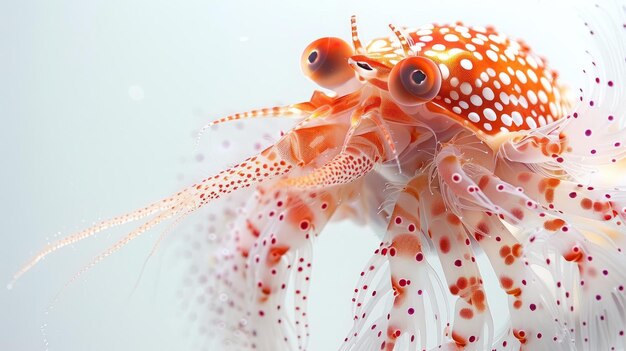 Photo ba red and white polkadotted crablike creature with many tentacles