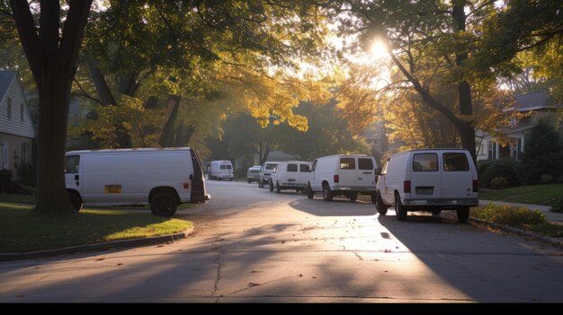 BA row of white vans parked on a suburban street in the morning