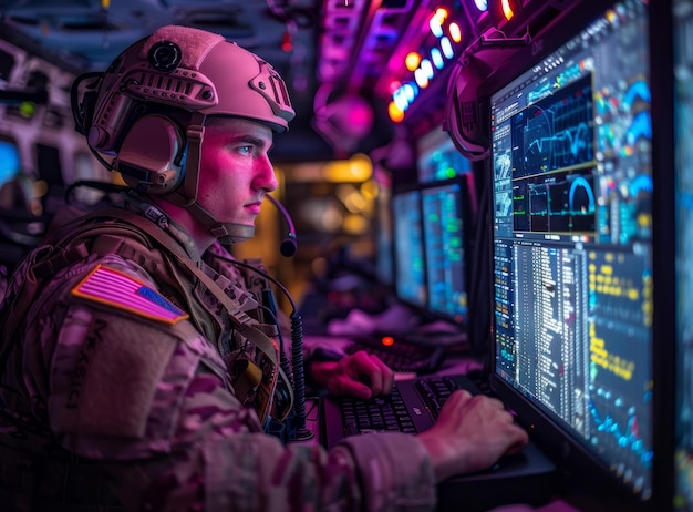 Солдат БА в шлеме и наушниках управляет компьютерной системой