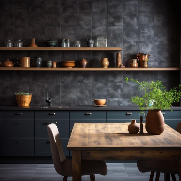 BA Stylish Kitchen With Dark Blue Cabinets and Open Shelving