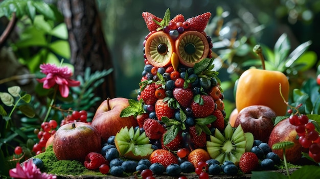 Photo ba whimsical owl sculpture made of fruits and berries