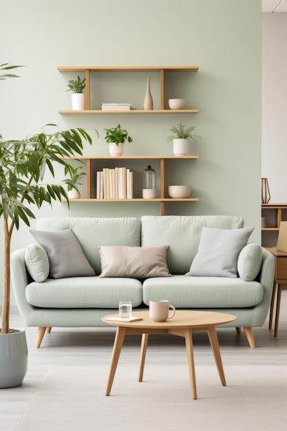 BA woonkamer met een groene bank, koffietafel en planten