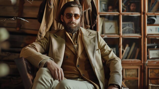 Foto baarde man in een stijlvol vintage pak zit in een lederen fauteuil in een retro kamer met houten planken en een aardbol