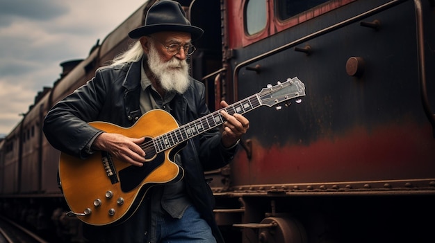 Foto baardige man senior die gitaar speelt bij de trein