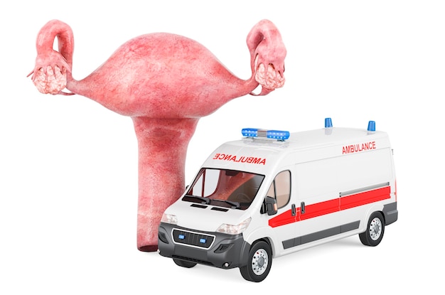 Baarmoeder met ambulance van eerste medische hulp en behandeling van baarmoeder concept 3D-rendering