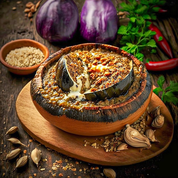 Baba ganoush gebakken aubergine met sesampasta met ingrediënten bovenaanzicht op een donkere achtergrond