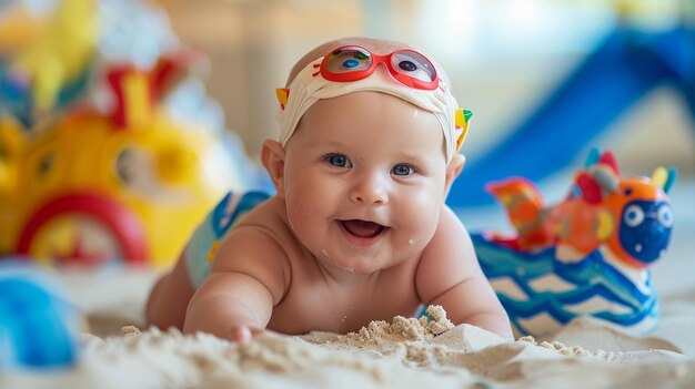 Babby playing at beach at summer