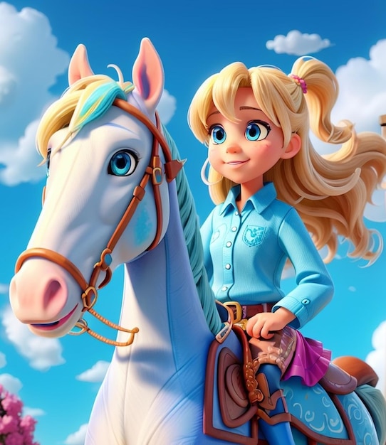 A babe girl with blue eyes riding a beautiful horse