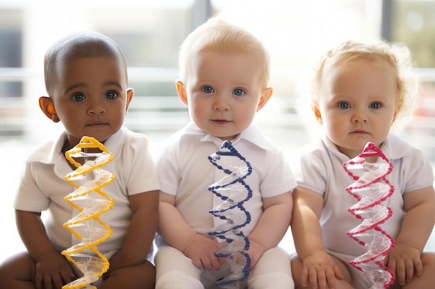 Babies sitting with DNA helix in front of them