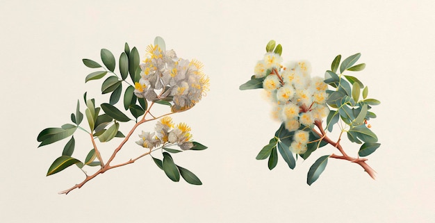 Babool. Indian Gum (Vachellia Nilotica) . Botanical illustration on white paper.