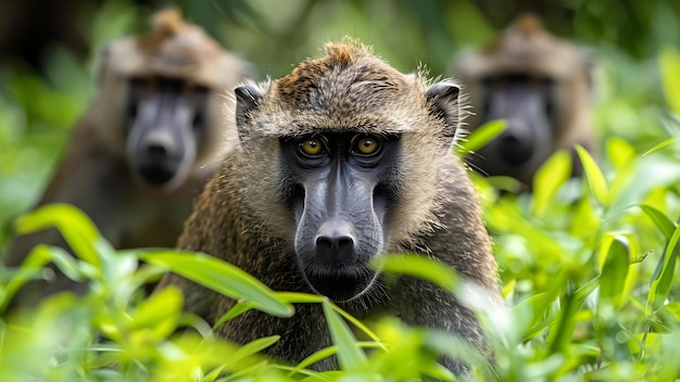 Baboon troop foraging for food in a grassy habitat Concept Wildlife Photography Animal Behavior Primates Habitats Nature Observation