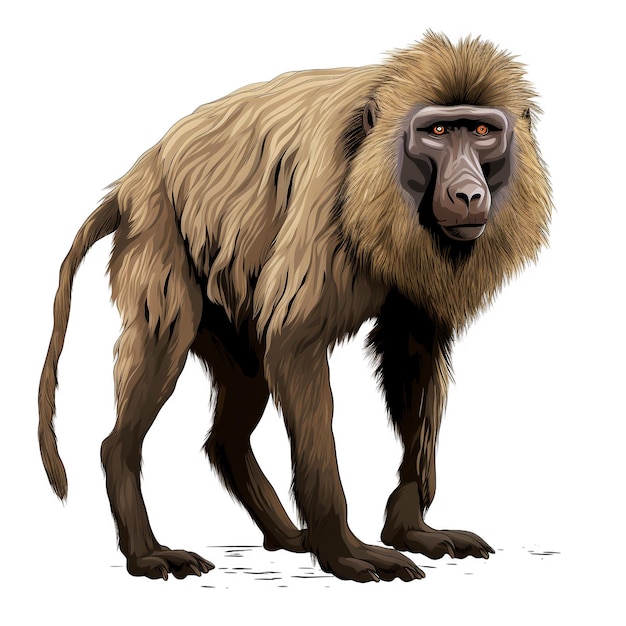 Baboon vol lichaam zwarte omtrek natuurlijke kleuren komische tekening op witte achtergrond AI gegenereerd