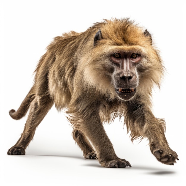 a baboon with a captivating facial expression walks against a clean white background in this high-quality, photorealistic rendering. this national geographic-style photo captures the essence of the ba