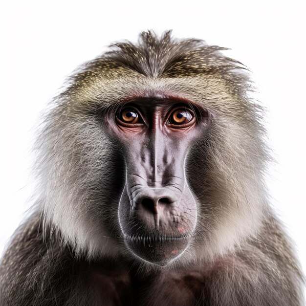 A baboon with a white background and a black face.