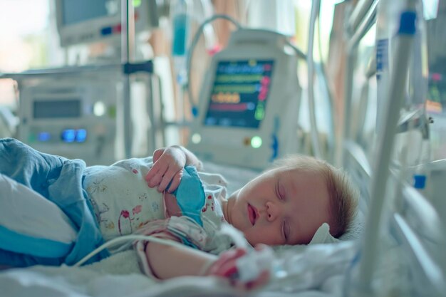 Photo baby 1 year lies in a hospital ward connected to life support equipment monitors