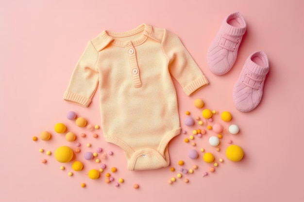 아기 액세서리 개념 빈 공간이 있는 아기 옷의 상위 뷰 사진