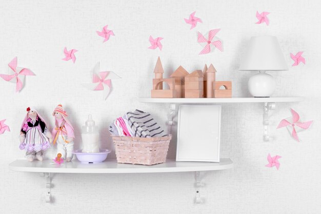 Baby accessories on shelves closeup