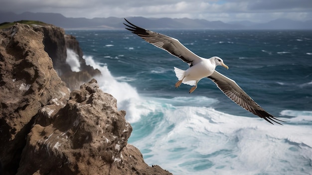 Детеныш альбатроса учится летать на морском бризе