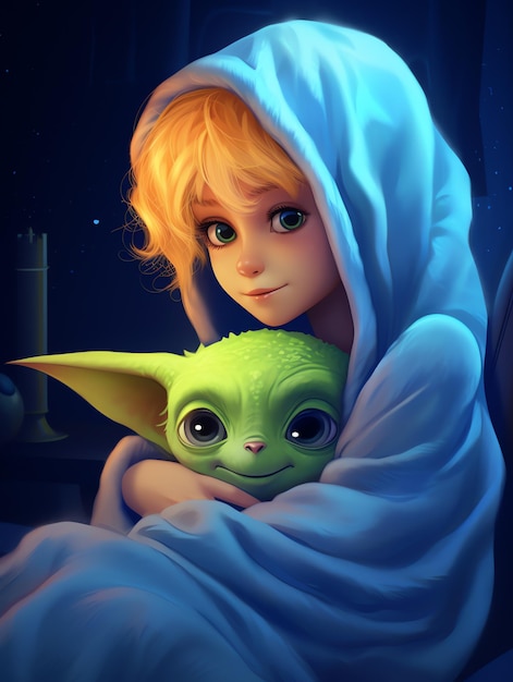 Baby alien girl cuddling with her extraterrestrial pet sci fi illustration for poster