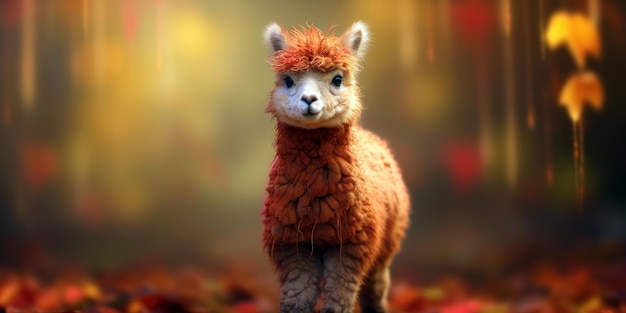 Photo a baby alpaca with a red face and orange eyes.