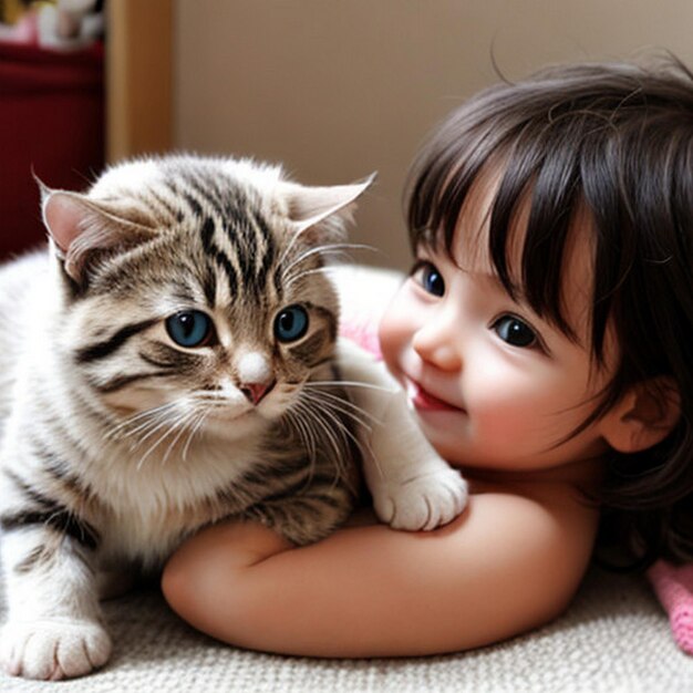 写真 赤ちゃんと可愛い猫が遊んでる