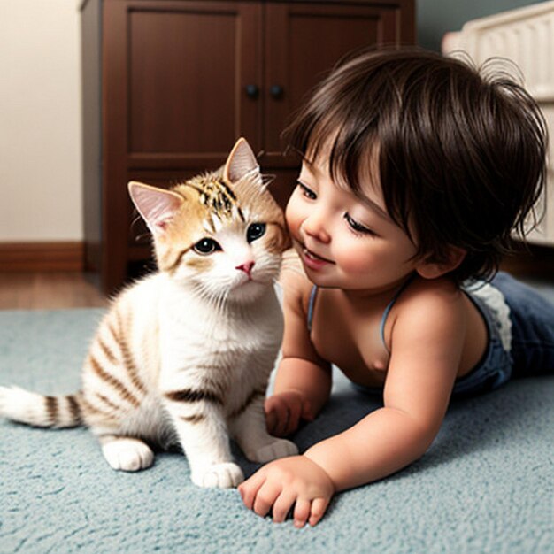 写真 赤ちゃんと可愛い猫が遊んでる