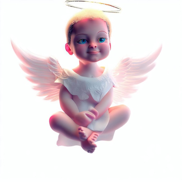 A baby angel with blue eyes sits on a white background with a white angel on its wings.