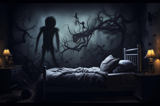 아기의 악몽, 악몽, 밤의 공포, 수면 문제, 우울한 꿈, 아기의 밤의 수면 치료, 아기의 침실 침대, 상상 속의 괴물, 벽과 침대 에 있는 괴물.